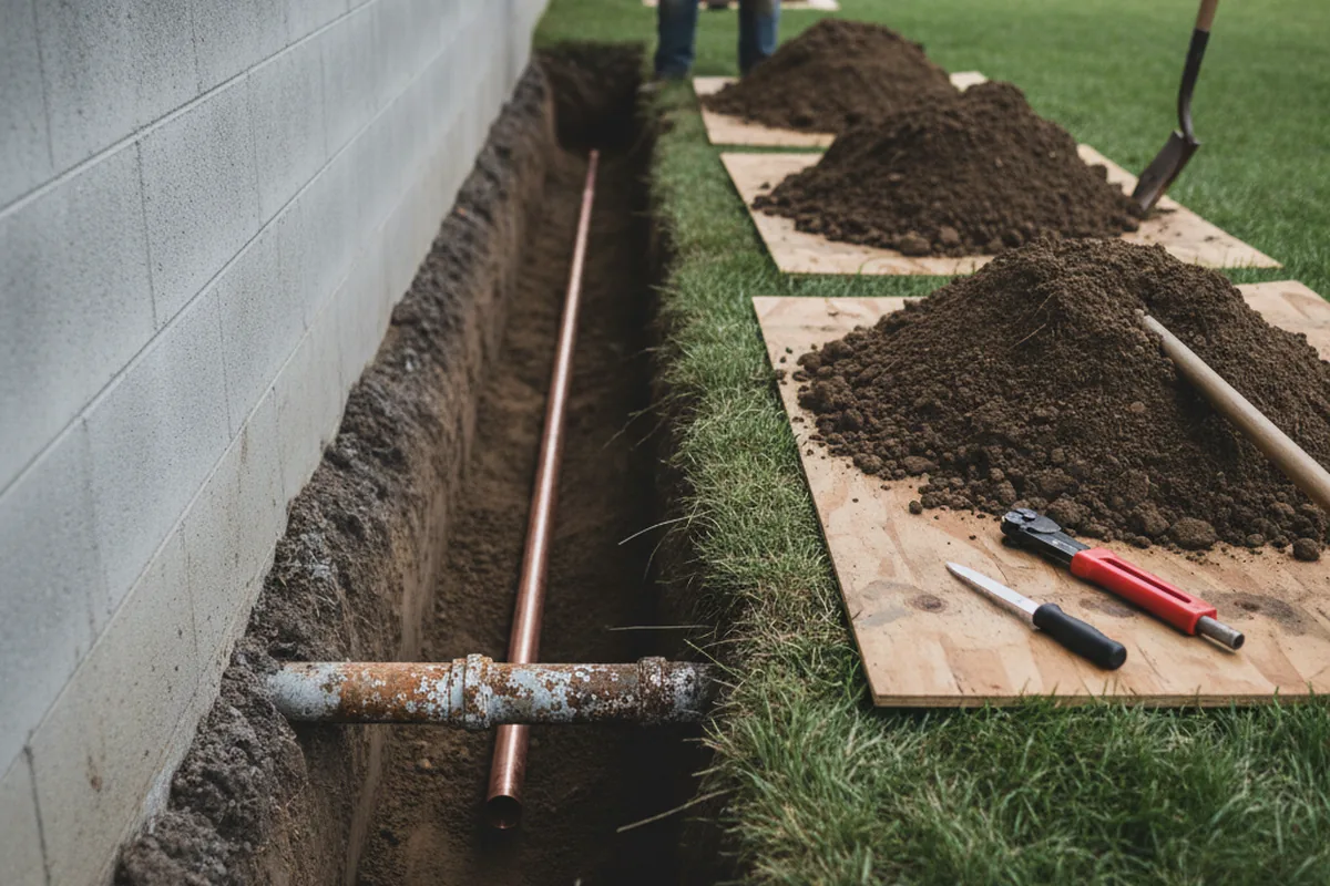 Excavated water line trench during Sewer Line Repair in Deer Lodge